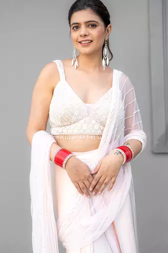 White embroidered georgette saree