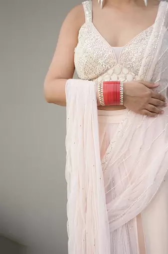 White embroidered georgette saree