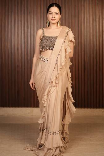 Beige embroidered chiffon saree