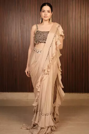 Beige embroidered chiffon saree