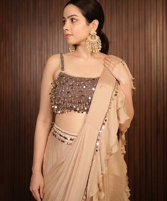 Beige embroidered chiffon saree 2