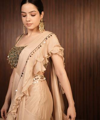 Beige embroidered chiffon saree 3