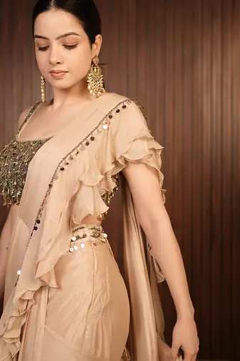 Beige embroidered chiffon saree