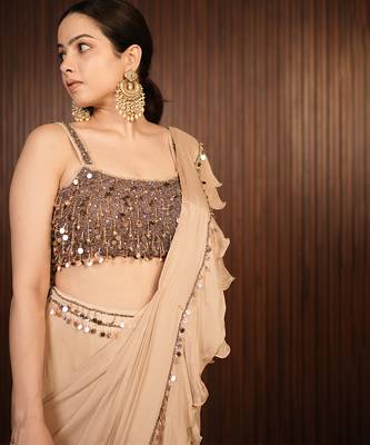Beige embroidered chiffon saree 4