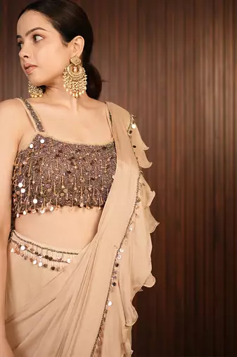 Beige embroidered chiffon saree