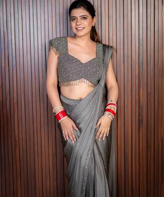 Grey embroidered satin saree 1