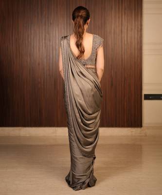 Grey embroidered satin saree 2
