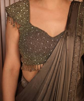 Grey embroidered satin saree 4