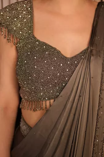 Grey embroidered satin saree