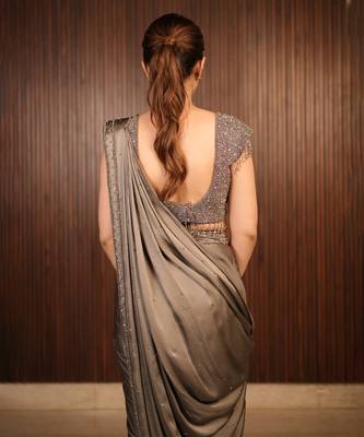Grey embroidered satin saree 5