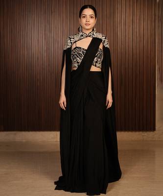 Black embroidered chiffon saree with cape 1