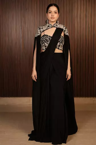 Black embroidered chiffon saree with cape