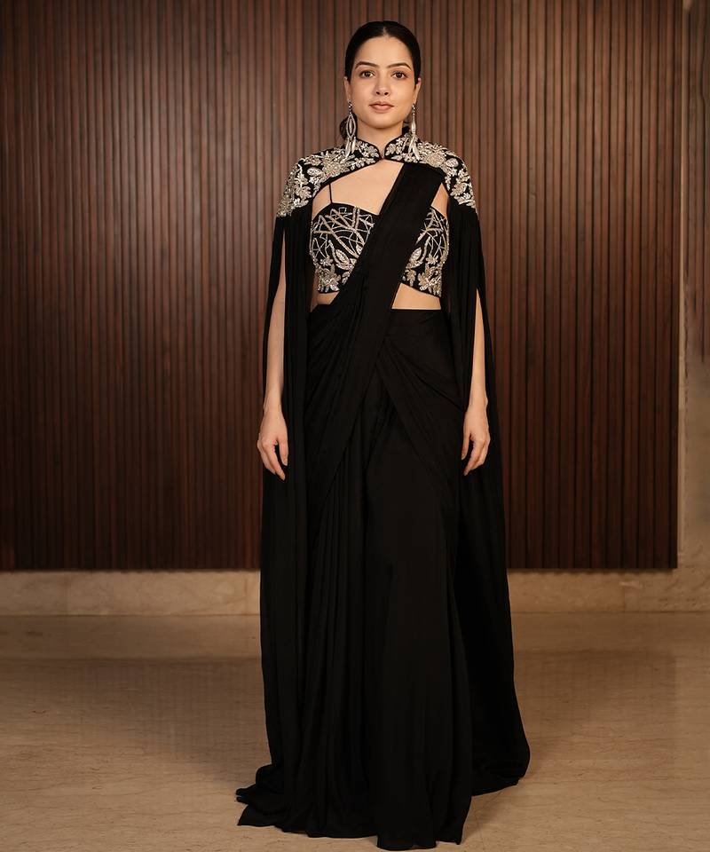 Black embroidered chiffon saree with cape