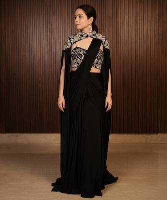 Black embroidered chiffon saree with cape 2