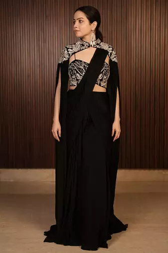 Black embroidered chiffon saree with cape