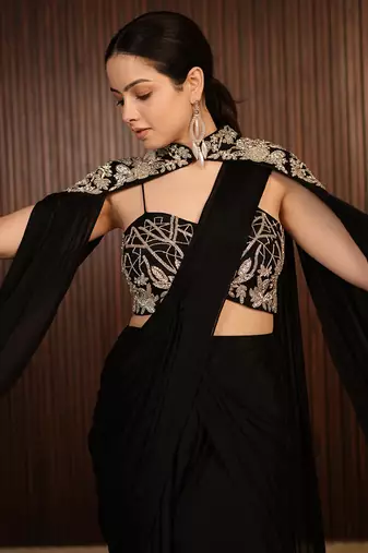 Black embroidered chiffon saree with cape