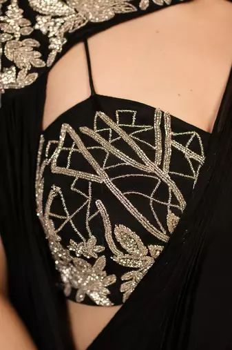 Black embroidered chiffon saree with cape