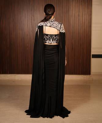 Black embroidered chiffon saree with cape 5