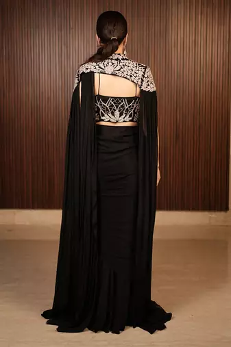 Black embroidered chiffon saree with cape