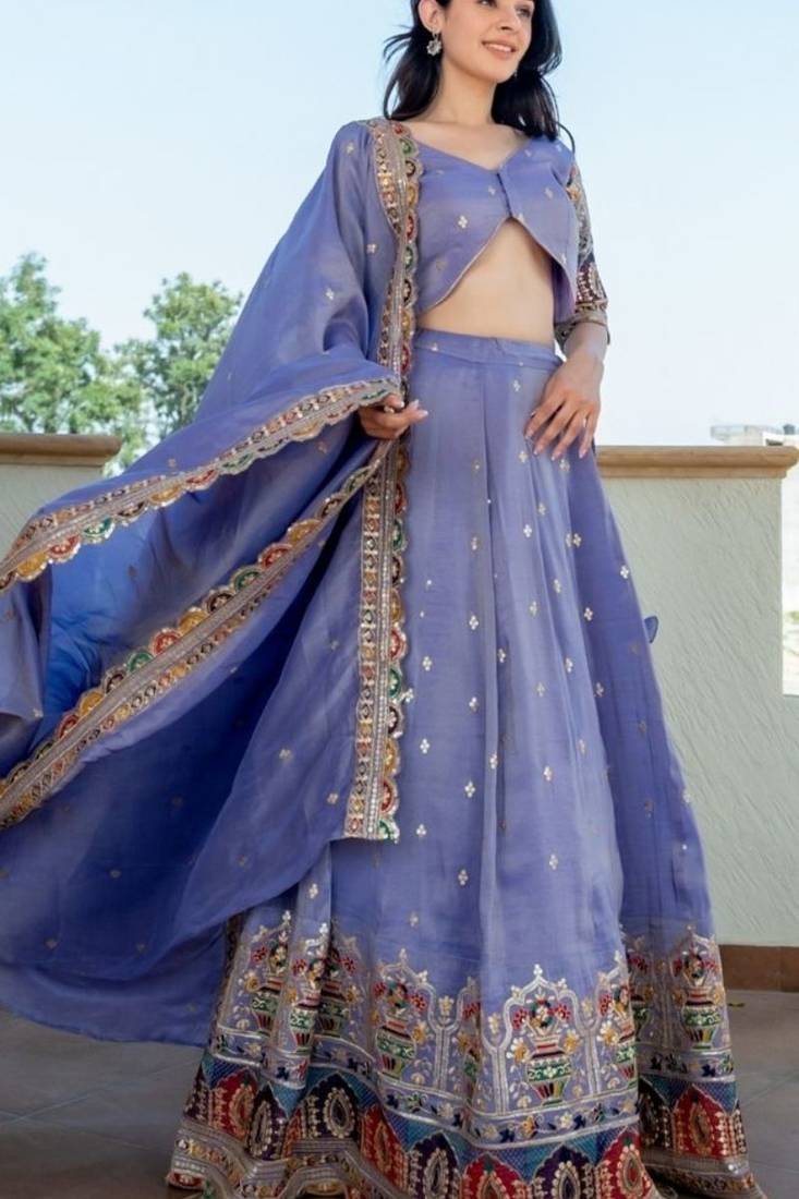 BLUE TISSUE Sequin AND THREAD LEHENGA & BLOUSE AND DUPATTA