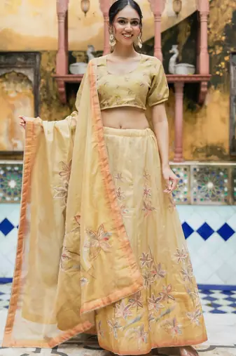 BROWN TISSUE HAND LEHENGA & BLOUSE AND DUPATTA