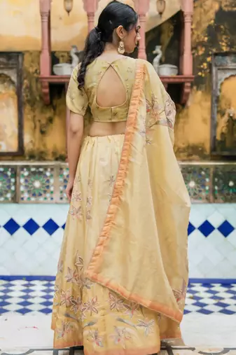 BROWN TISSUE HAND LEHENGA & BLOUSE AND DUPATTA