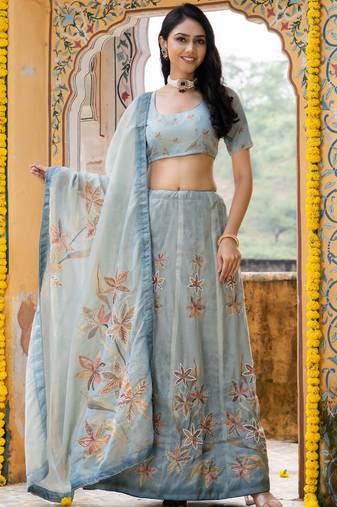 BLUE TISSUE HAND LAHENGA AND BLOUSE AND DUPATTA