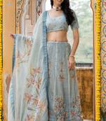 BLUE TISSUE HAND LAHENGA AND BLOUSE AND DUPATTA
