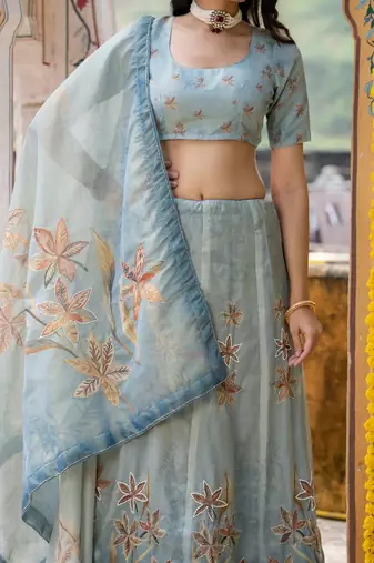 BLUE TISSUE HAND LAHENGA AND BLOUSE AND DUPATTA