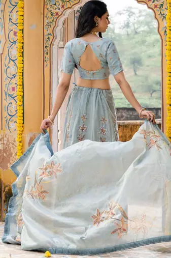 BLUE TISSUE HAND LAHENGA AND BLOUSE AND DUPATTA