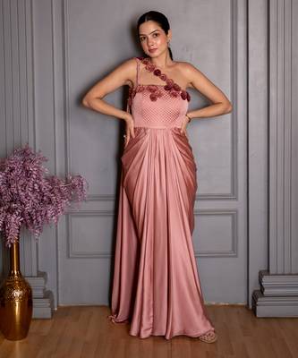 Pink embroidered satin gown 1