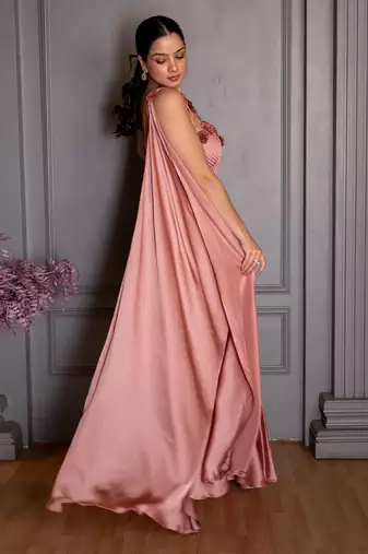 Pink embroidered satin gown