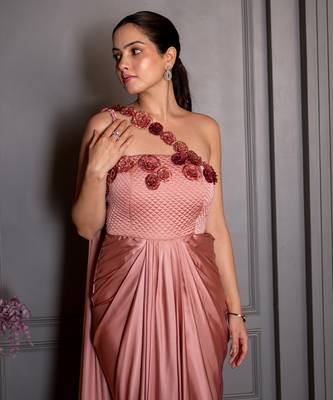 Pink embroidered satin gown 3