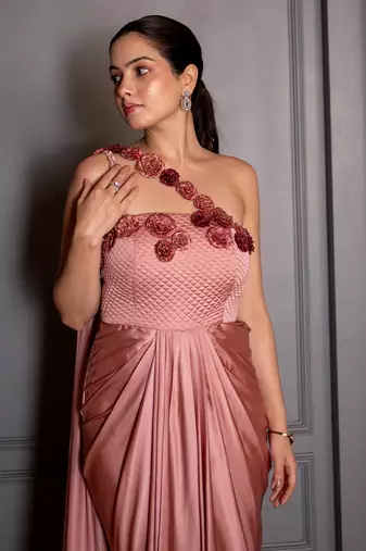 Pink embroidered satin gown