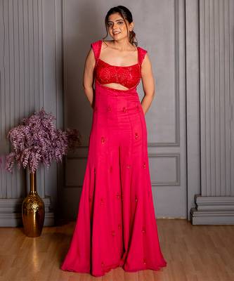 Pink embroidered georgette jumpsuit 1