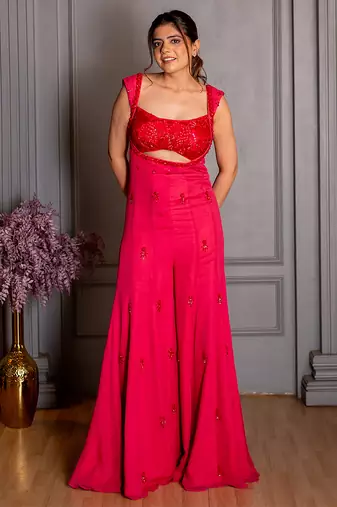 Pink embroidered georgette jumpsuit