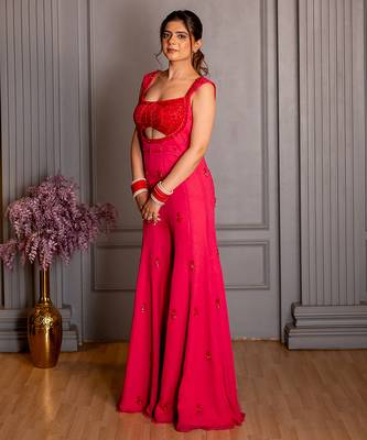 Pink embroidered georgette jumpsuit 2