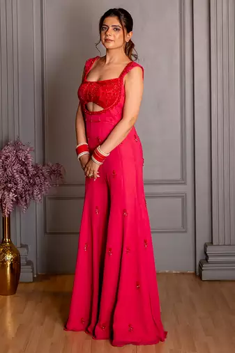 Pink embroidered georgette jumpsuit