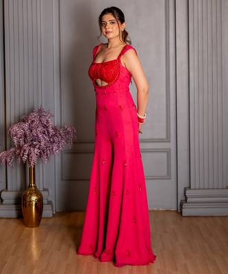Pink embroidered georgette jumpsuit 3