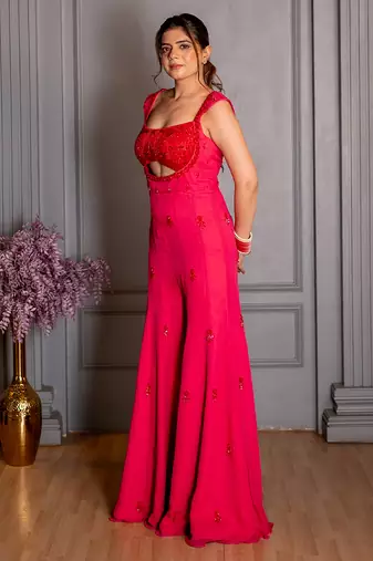 Pink embroidered georgette jumpsuit