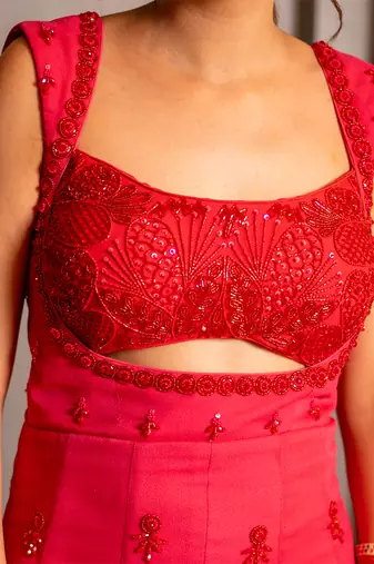 Pink embroidered georgette jumpsuit