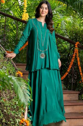 GREEN Embroidered KURTA AND SKIRT