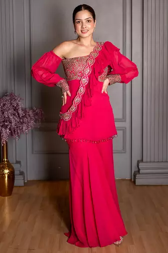 Pink embroidered georgette gharara set