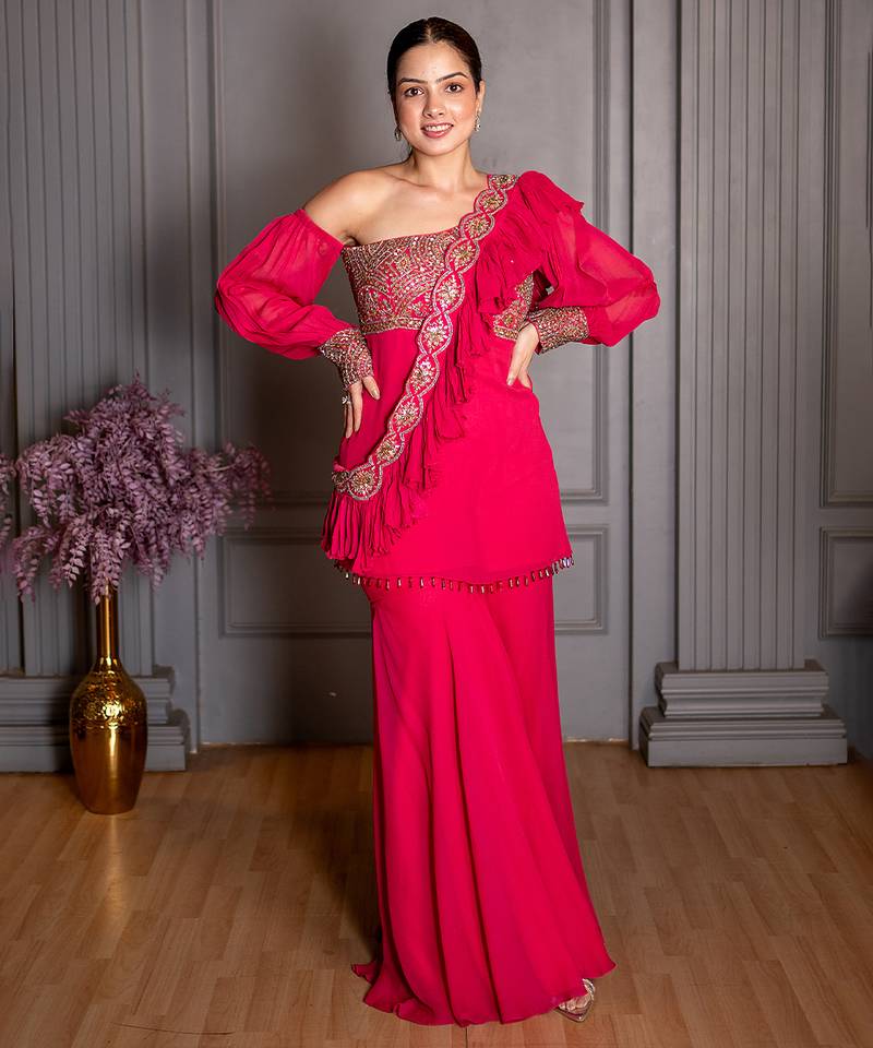 Pink embroidered georgette gharara set