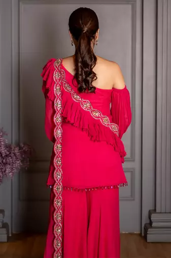 Pink embroidered georgette gharara set