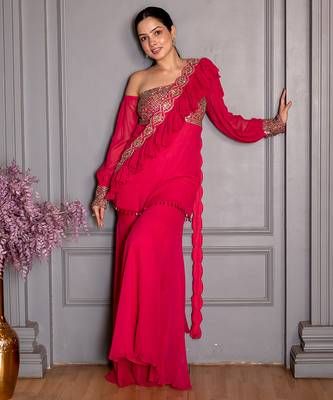 Pink embroidered georgette gharara set 3