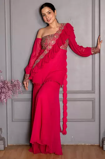 Pink embroidered georgette gharara set