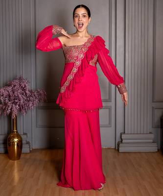 Pink embroidered georgette gharara set 4