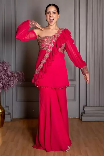 Pink embroidered georgette gharara set
