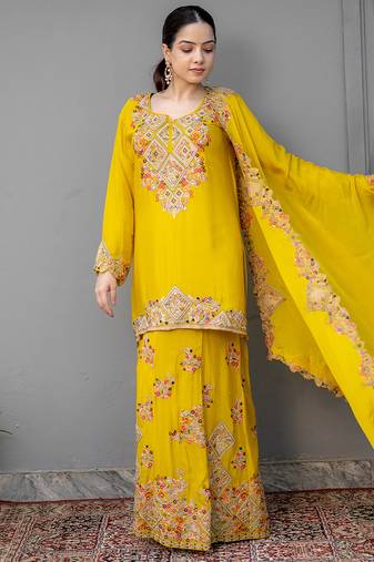 Yellow embroidered chiffon sharara set